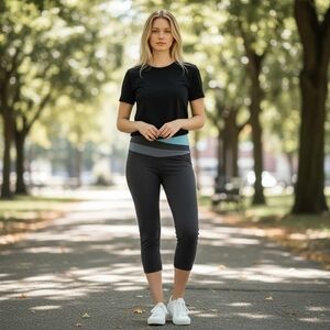 lululemon athletica Black Tee with Charcoal Capri Leggings and Teal Waistband
